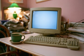 Fototapeta premium The Vintage Computer Monitor on a Cluttered Desk with Coffee Mug