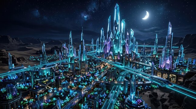 Futuristic crystal cityscape at night with neon lights and monorail
