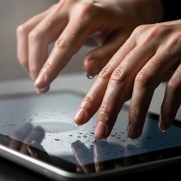 Hands using smartphone on modern desk with laptop.