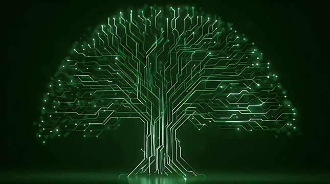 Digital circuit tree glowing in emerald green across dark cyberspace in a professional panning shot for sustainable technology marketing