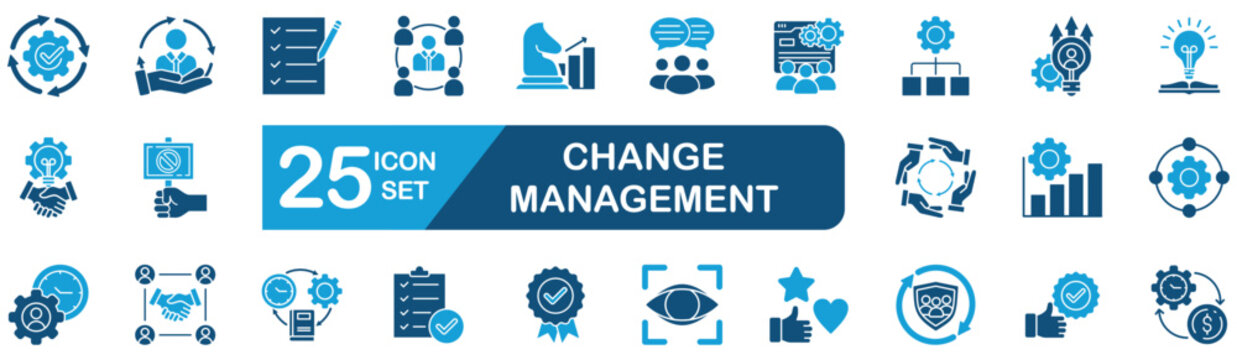 Change management Web Icon Set in Blue style Flat. vector illustration concept relate to transition, adaptation, planning, leadership, strategy