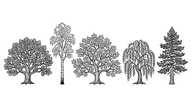 Diverse Tree Silhouettes Collection: Oak, Aspen, Maple, Willow, Pine - Black and White Line Art