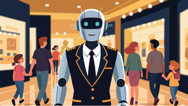 Robotic docent guiding visitors through an gallery exhibition with paintings and people.