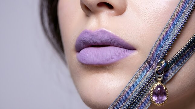 Conceptual portrait of a woman with purple lips zipped shut