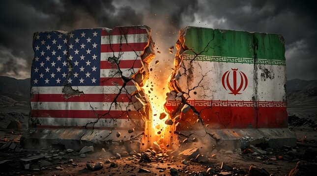 Burnt Iranian and American flags depicting political tension
