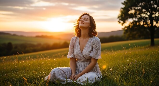 Young woman sitting on grassy hill watching sunset.