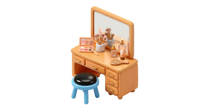 Vector illustration of cute 3d illustration of a vanity table with cosmetics and a stool, on a transparent background