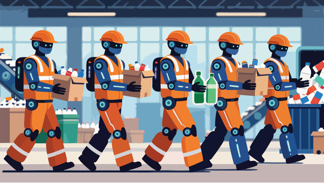 Pixel of five orange robots carrying boxes and sorting recyclable waste in a factory.