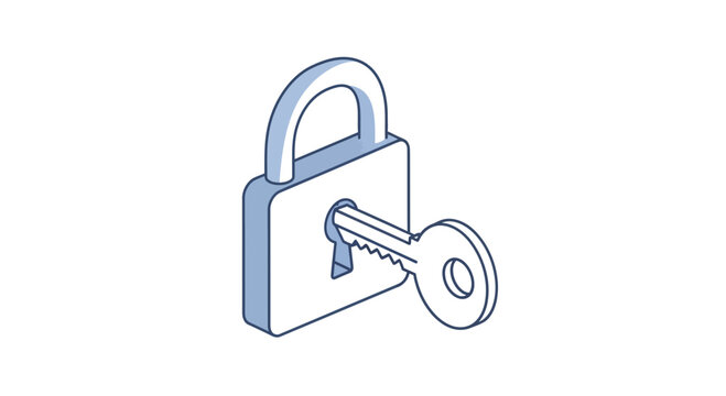 Isometric padlock and key illustration representing security and access