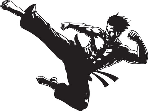 Martial artist performing high kick action pose illustration