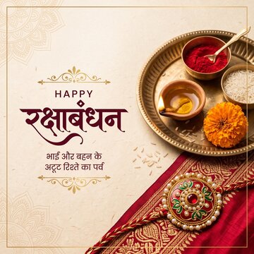 Happy Raksha Bandhan hindi greeting card with traditional puja thali and beautiful rakhi