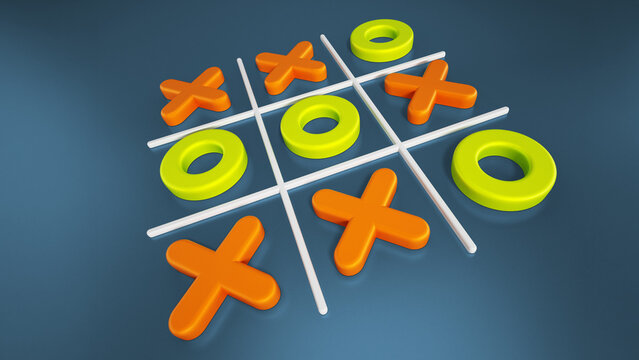 Tic tac toe game isolated on blue background. 3D illustration