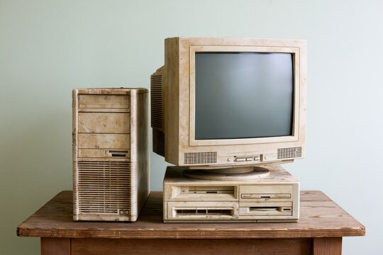 The Vintage Computer Setup with CRT Monitor on a Wooden Desk
