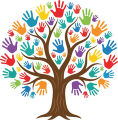 Naklejka premium Colorful Handprint Tree Illustration Representing Community Diversity Education and Teamwork Isolated on White Background