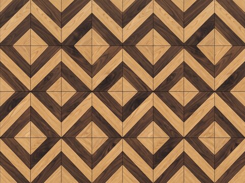 Geometric wooden parquet floor pattern with interlocking dark and light wood blocks