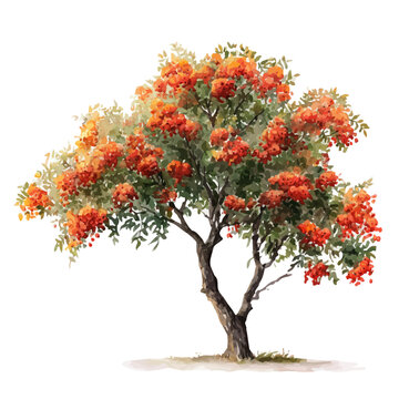Rowan Tree watercolor artwork, high-quality professional vector illustration isolated on a white background.