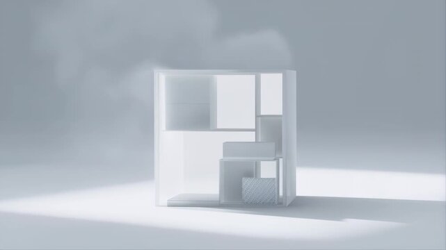Minimal White Cube Environment with Floating Dust Particles in a Futuristic Setting Featuring Abstract, Modern, Clean with Geometric Shapes and 3d