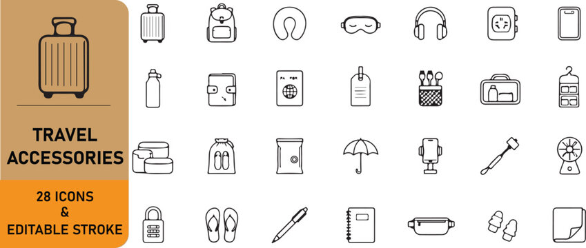 A set of 28 travel accessories outline icons