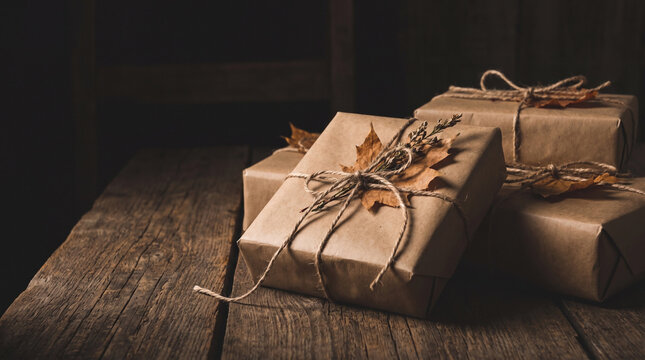 Rustic gift boxes wrapped in biodegradable packaging on wood table