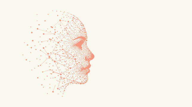 Abstract AI Face Profile with Digital Dot and Line Connectivity Mesh on Light Background