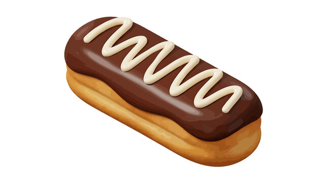 Vector illustration of delicious chocolate eclair with white icing drizzle on a transparent background