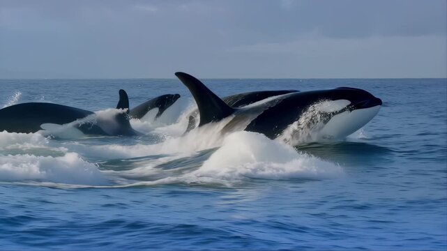 Orcas Swimming in the Ocean with Waves and a Cloudy Sky Featuring Marine Life, Wildlife, Sea with Water and Nature Elements for Animals, Mammals