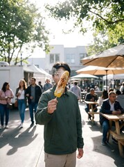 Fototapeta premium Person holding roasted street corn at a sunny outdoor market