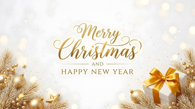 Merry christmas and happy new year greeting card with gold gift box and pine branches