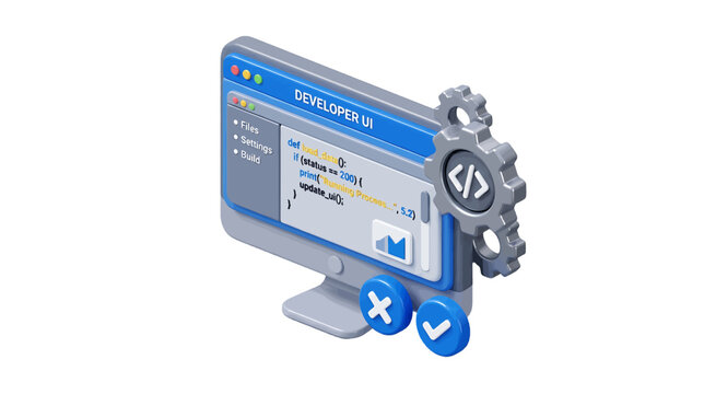 Vector illustration of 3d illustration of a computer monitor displaying developer ui code interface on a transparent background