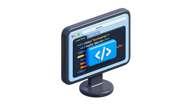 Vector illustration of 3d illustration of a computer monitor displaying html code with a code icon on a transparent background
