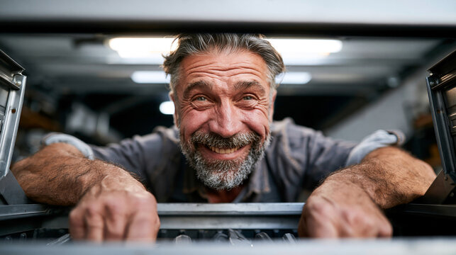Photorealistic POV shot from inside an open toolbox looking upward at a smiling male home repair worker reaching both hands into the box selecting tools, wearing a casual work shir