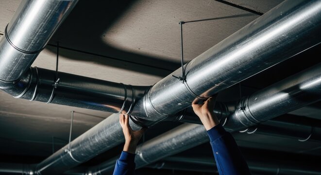Worker Inspecting Large Industrial Air Ducts in Warehouse Ceiling