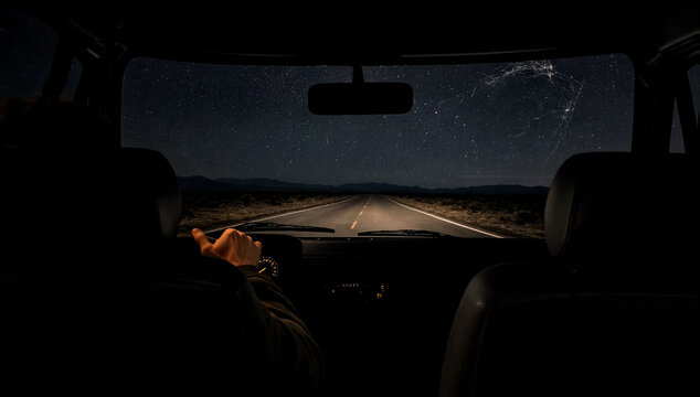 A male driver holds the steering wheel while driving along an empty highway under a starry night sky.
