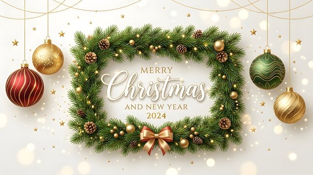 Merry christmas and new year 2024 greeting card with green pine wreath and hanging golden ornaments