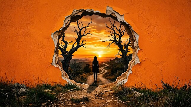 Silhouette of a woman walking down a path through a magical torn orange wall with wall sunset landscape through surreal hole adventure outdoors fantasy horizon skyline concept journey freedom