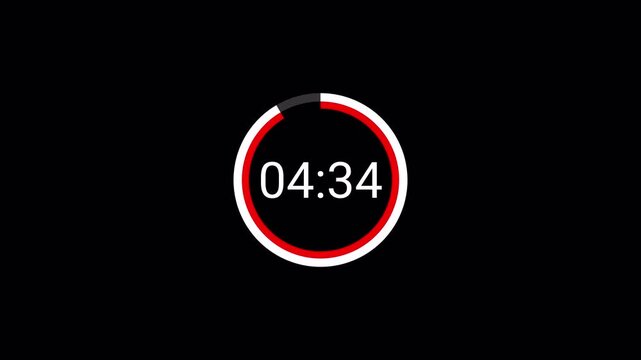 5 minute to 0 minute countdown in 1 minute, 5 min countdown animation on transparent background, five minute countdown in 4k with alpha channel.