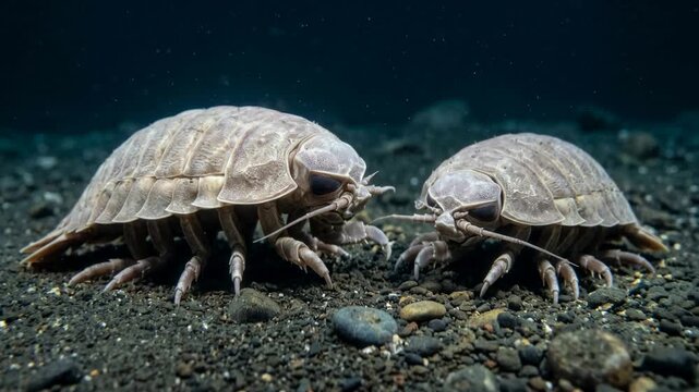 two giant isopod underwater close up in deep pacific ocean video
