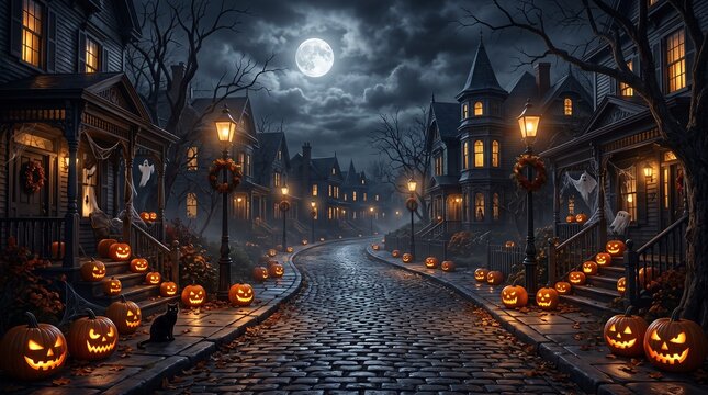 Spooky Halloween street at night with glowing jack-o-lanterns, haunted Victorian houses under a full moon, eerie neighborhood with carved pumpkins