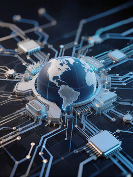 Global Network Connections: A stylized representation of the Earth as a globe, surrounded by intricate circuitry and microchips, symbolizing advanced technology and interconnected global networks.