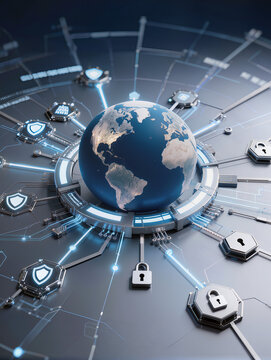 Global Network Security: A futuristic representation of global network security, with the Earth at the center, surrounded by interconnected nodes and digital security icons like shields and locks.