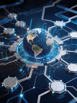 Global Network Connection: A futuristic depiction of the Earth integrated with a complex circuit board, symbolizing interconnectedness and digital communication across the planet.