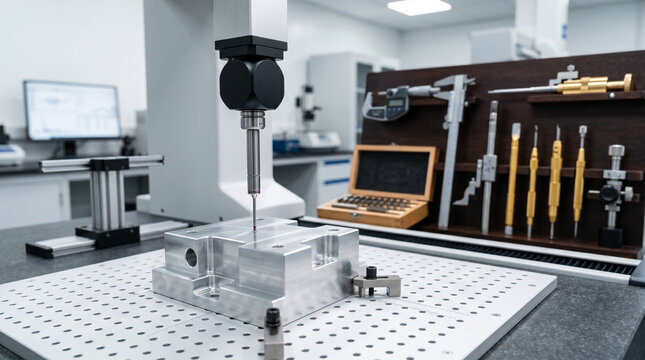 Coordinate measuring machine performing precision inspection on a metal part.