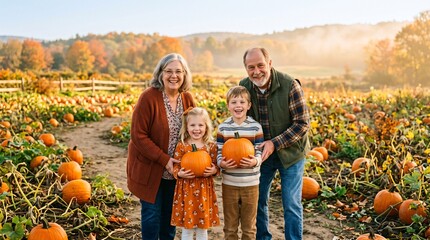 Obraz premium Happy multi generation family portrait in morning pumpkin patch