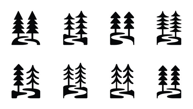 Pine tree forest river path nature vector icon logo set sign