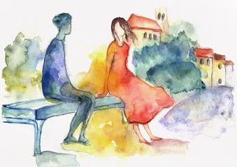 Two figures sharing a quiet moment on a bench near a hillside village, hand-painted watercolor © pronoia