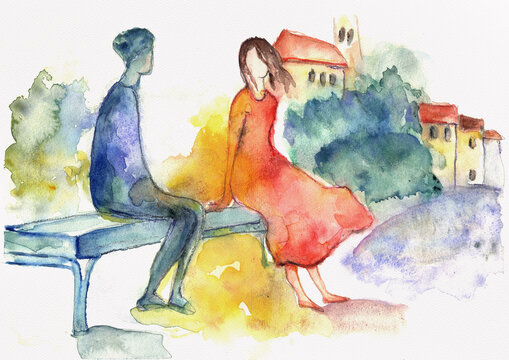 Two figures sharing a quiet moment on a bench near a hillside village, hand-painted watercolor
