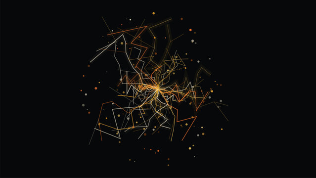 Abstract energy explosion background with chaotic lightning bolts and glowing particle dust