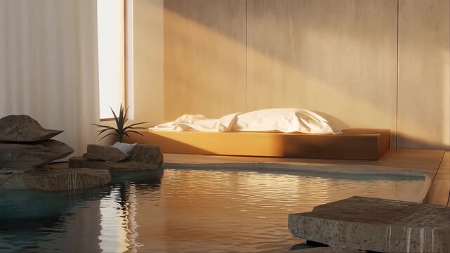 Meditation Room with Soft Sunrise Beams Reflecting on a Pool and a Bed Featuring Relaxation, Minimalist, Sunlight with Serene and Peaceful Elements