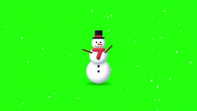 2D green screen animation of a snowman waving his hand with falling snow effect