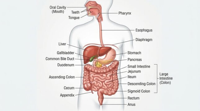 Detailed Human Digestive System Anatomy Illustration with Labeled Internal Organs